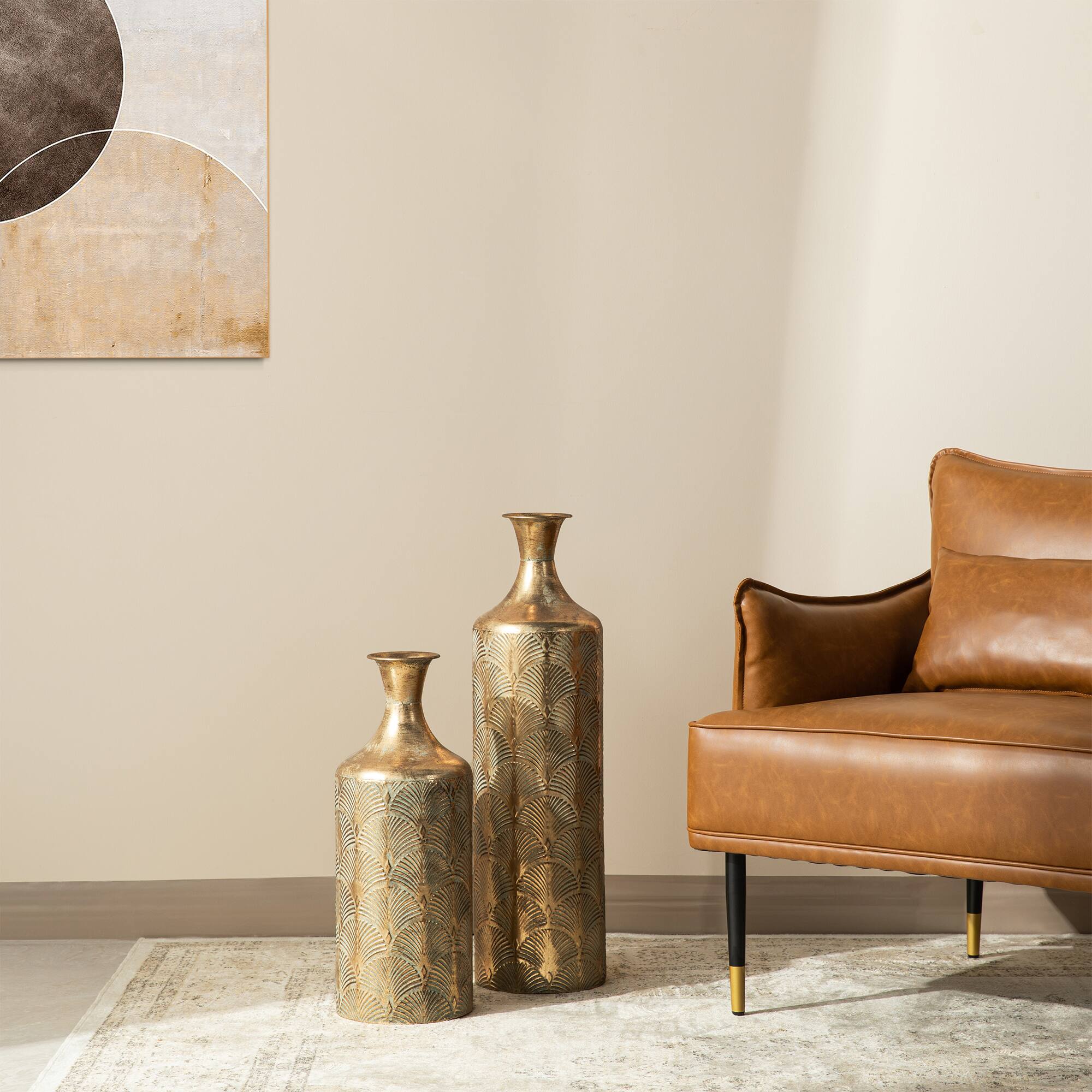 Glitzhome® Antique Gold Gingko Metal Floor Vases Set